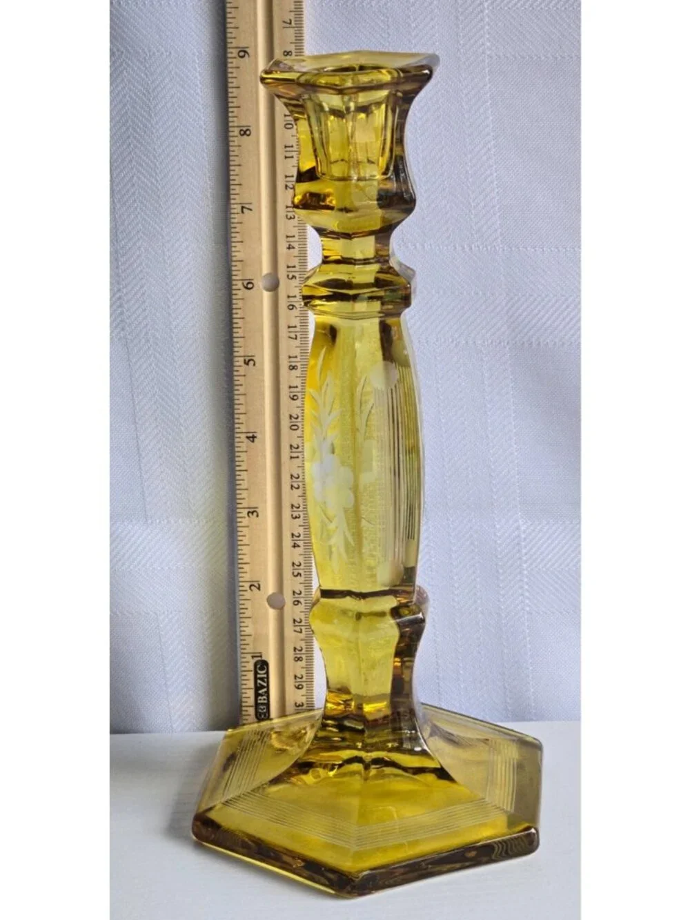 Vtg Vaseline Uranium Glass Etched 2 Patterns 9 Inches High Candle Stick Holder